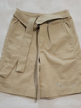 Girl Beige Tie-Waist Shorts with Embellished Logo